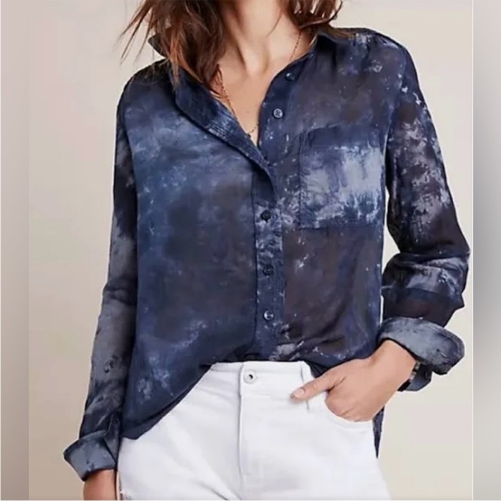 Pilcro Anthropologie The Cate Top Small Blue Button Up Shirt Tie Dye Retro